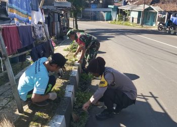 Polisi dan TNI  Bersama Petugas Kelurahan Bersihkan Taman Kota Sukabumi