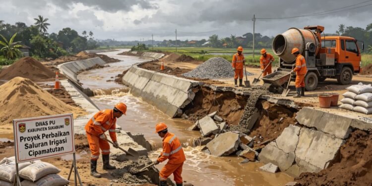 Dinas PU Kabupaten Sukabumi Bangun Kembali Saluran Irigasi Cipamatutan yang Rusak Diterjang Banjir
