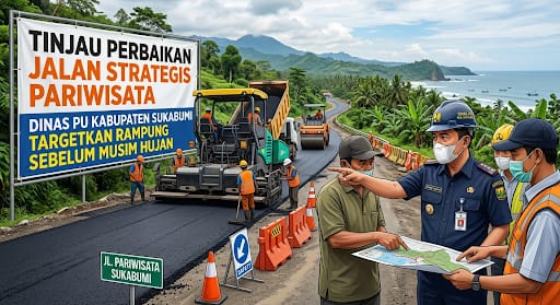 Tinjau Perbaikan Jalan Strategis Pariwisata, Dinas PU Kabupaten Sukabumi Targetkan Rampung Sebelum Musim Hujan