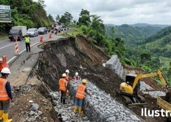 Penanganan Longsoran TPT Ruas Jalan Kiaradua–Simpenan Dikebut, Dinas PU Sukabumi Kerahkan Alat Berat dan Pasang Bronjong Anti-Erosi