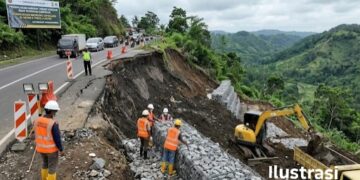 Penanganan Longsoran TPT Ruas Jalan Kiaradua–Simpenan Dikebut, Dinas PU Sukabumi Kerahkan Alat Berat dan Pasang Bronjong Anti-Erosi