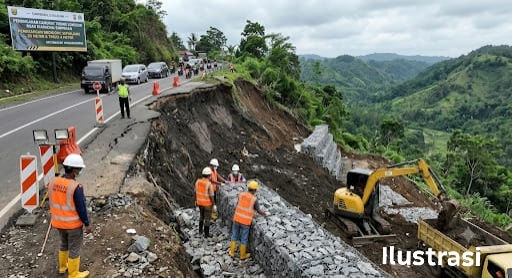 Penanganan Longsoran TPT Ruas Jalan Kiaradua–Simpenan Dikebut, Dinas PU Sukabumi Kerahkan Alat Berat dan Pasang Bronjong Anti-Erosi
